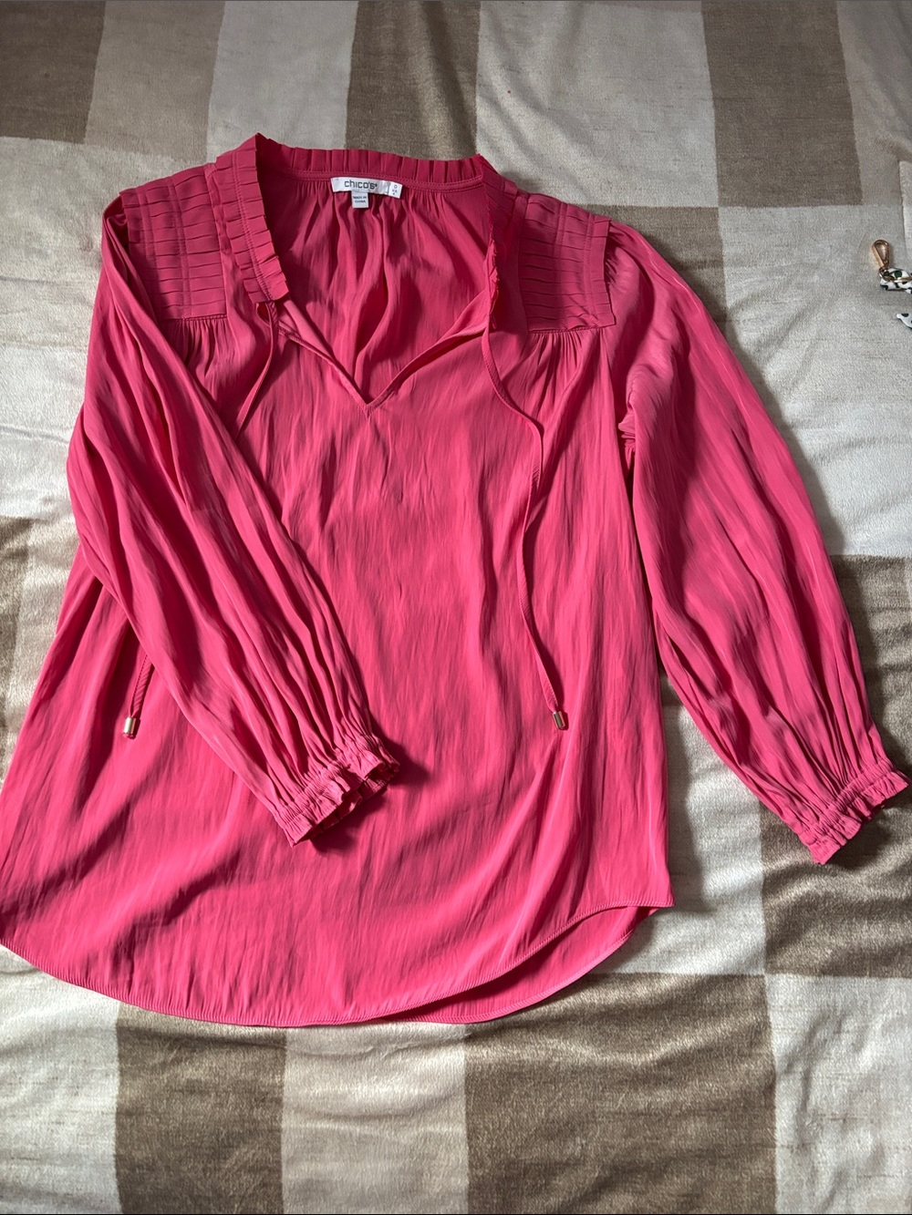 Chico's Hot Pink Pleated Yoke V-Neck Blouse